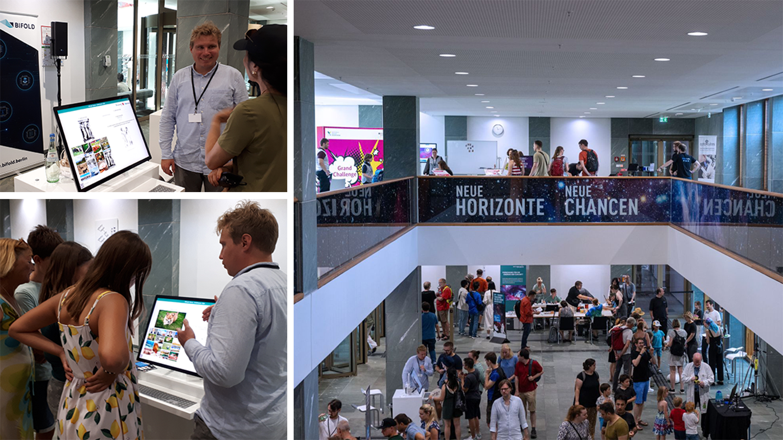 © BMBF/Hans-Joachim Rickel; BIFOLD/Leila Arras, Dialogue at eye level: AI experts answer visitors' questions about Explainable AI.